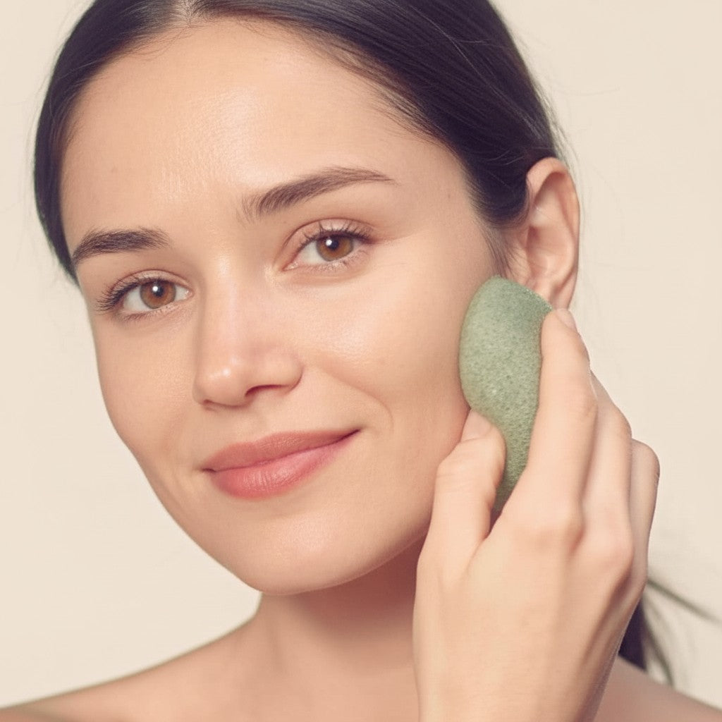 Femme utilisant une éponge konjac au thé vert ÔSE - Maison de Savons pour exfolier son visage en douceur