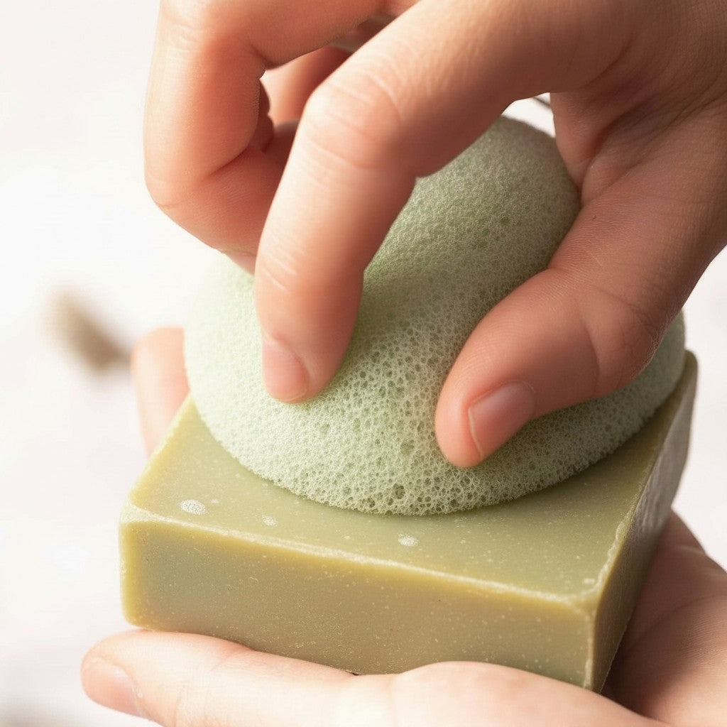 Eponge konjac au thé vert ÔSE - Maison de Savons utilisée avec un savon solide pour un nettoyage doux du visage